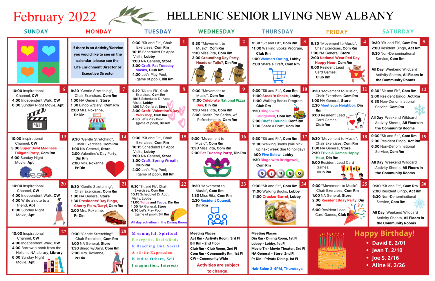 February Activity Calendar for Hellenic Senior Living of New Albany