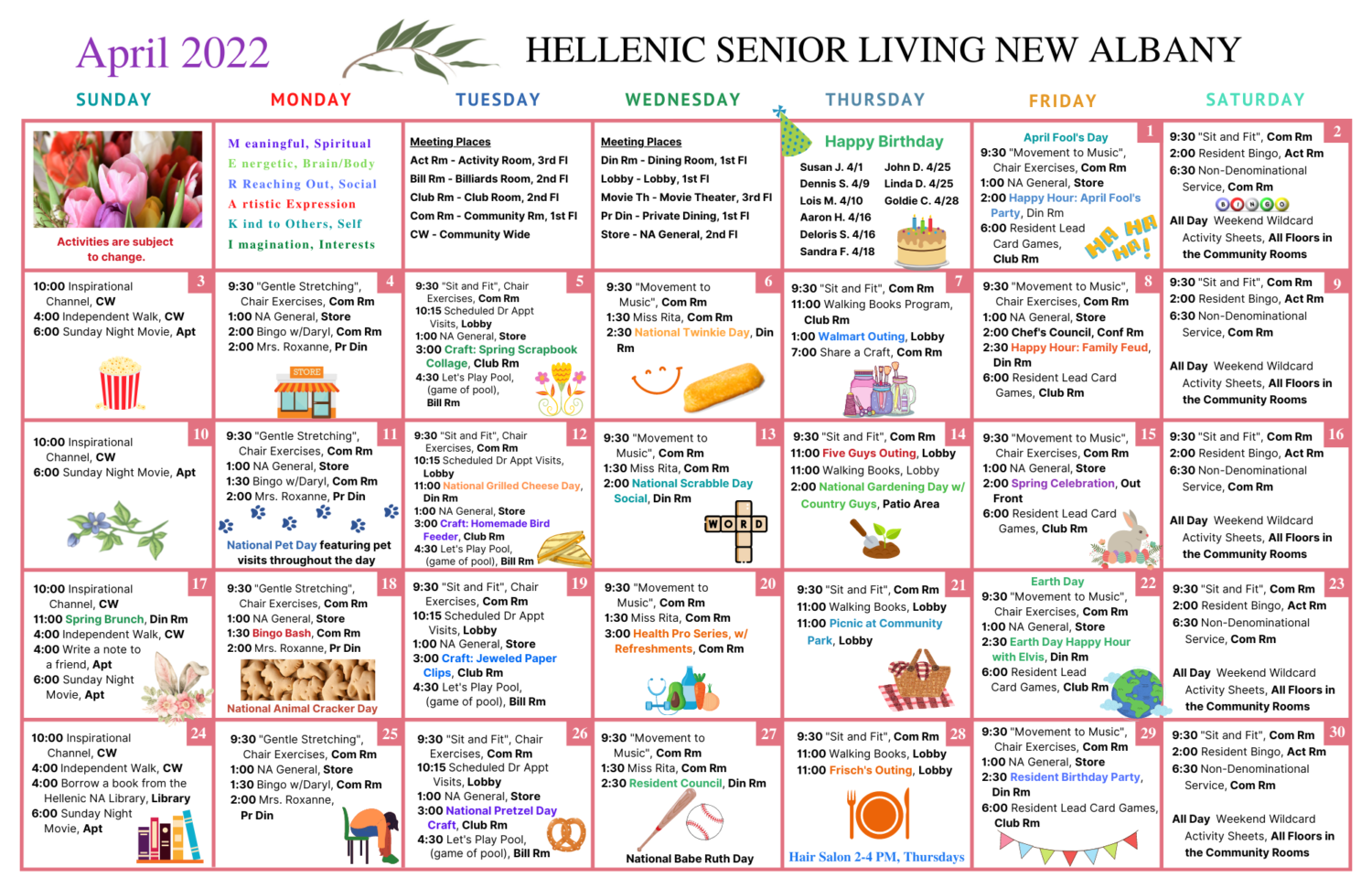 Hellenic Senior Living of New Albany Activity Calendar